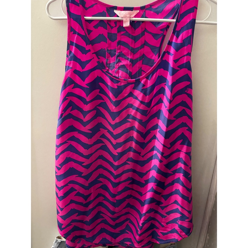 Lilly Pulitzer Chevron Print Racerback Tank Top Silk Fuchsia Navy Medium